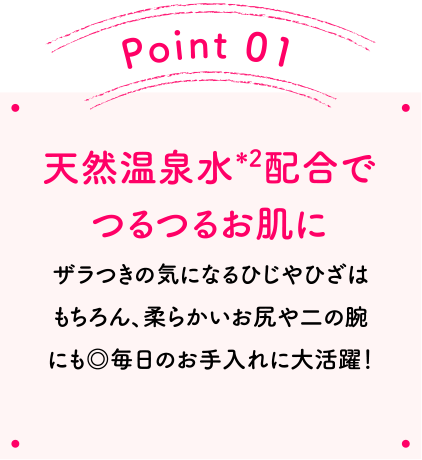 Point01 天然温泉水＊1配合でつるつるお肌に ザラつきの気になるひじやひざはもちろん、柔らかいお尻や二の腕にも◎毎日のお手入れに大活躍！